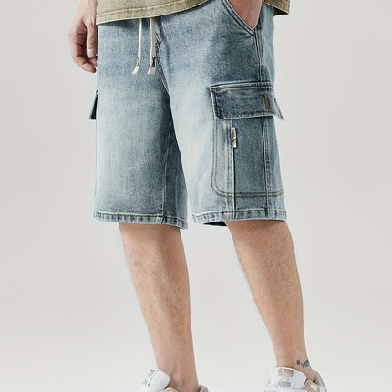 Men's Solid Denim Shorts With Pockets, Casual Breathable Cotton Blend Drawstring Jeans For Outdoor