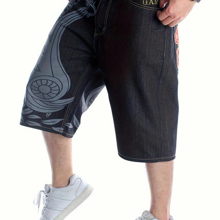 Street Retro Loose Fitting Denim Shorts for Men's Hip-hop Graffiti Printed Embroidered Shorts