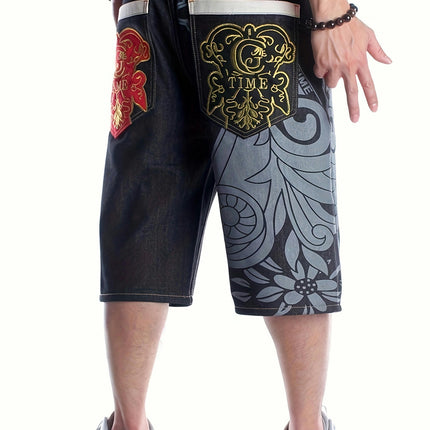 Street Retro Loose Fitting Denim Shorts for Men's Hip-hop Graffiti Printed Embroidered Shorts