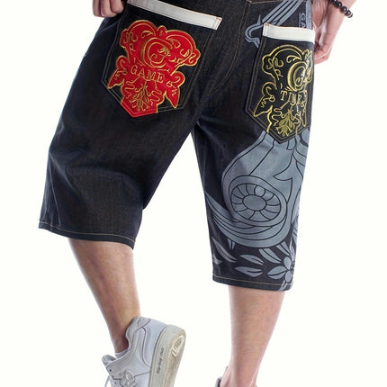 Street Retro Loose Fitting Denim Shorts for Men's Hip-hop Graffiti Printed Embroidered Shorts