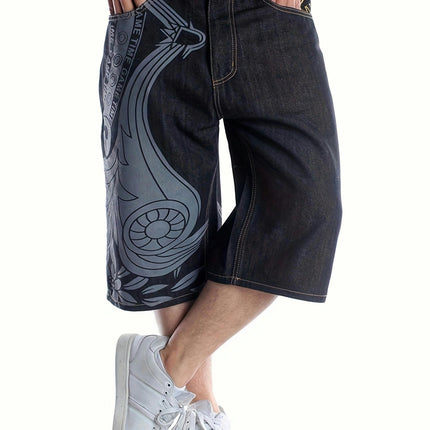 Street Retro Loose Fitting Denim Shorts for Men's Hip-hop Graffiti Printed Embroidered Shorts