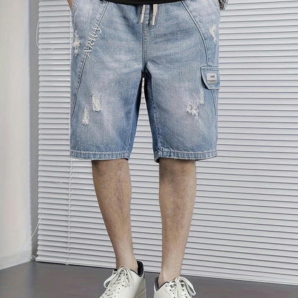 Men's Solid Ripped Denim Shorts With Pockets, Casual Drawstring Cotton Blend Jorts For Summer