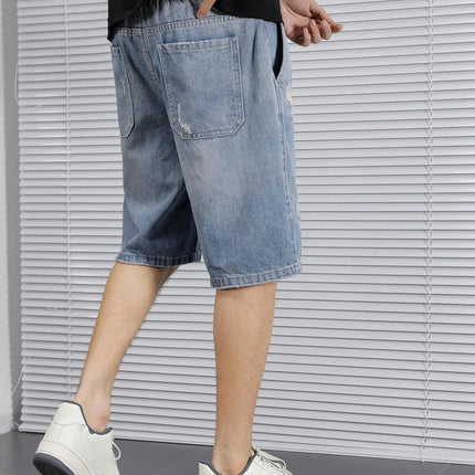 Men's Solid Ripped Denim Shorts With Pockets, Casual Drawstring Cotton Blend Jorts For Summer