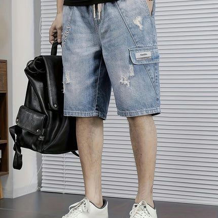 Men's Solid Ripped Denim Shorts With Pockets, Casual Drawstring Cotton Blend Jorts For Summer