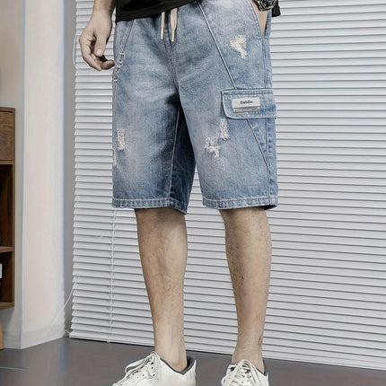 Men's Solid Ripped Denim Shorts With Pockets, Casual Drawstring Cotton Blend Jorts For Summer