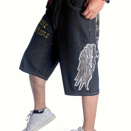 Hip Hop Senim Shorts, Men's Loose Cropped Pants Embroidered Street Dance Skateboard Shorts