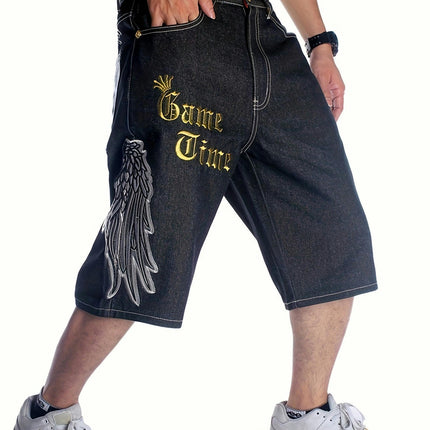 Hip Hop Senim Shorts, Men's Loose Cropped Pants Embroidered Street Dance Skateboard Shorts