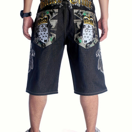 Hip Hop Senim Shorts, Men's Loose Cropped Pants Embroidered Street Dance Skateboard Shorts