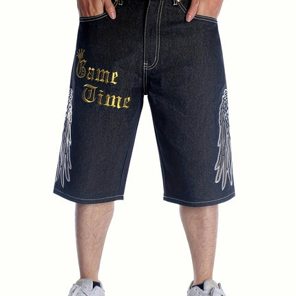 Hip Hop Senim Shorts, Men's Loose Cropped Pants Embroidered Street Dance Skateboard Shorts