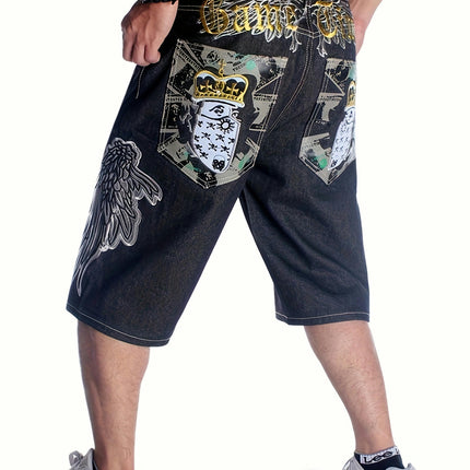 Hip Hop Senim Shorts, Men's Loose Cropped Pants Embroidered Street Dance Skateboard Shorts