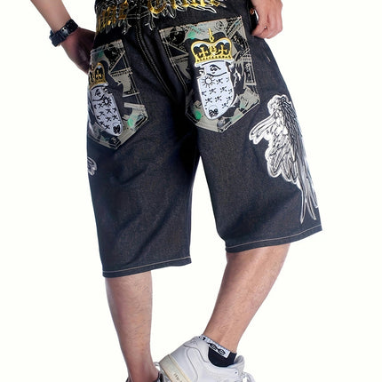 Hip Hop Senim Shorts, Men's Loose Cropped Pants Embroidered Street Dance Skateboard Shorts