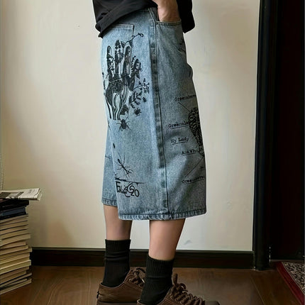 Men's Loose Graffiti Graphic Print Denim Shorts With Pockets, Casual Cotton Blend Jorts For Outdoor