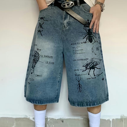 Men's Loose Graffiti Graphic Print Denim Shorts With Pockets, Casual Cotton Blend Jorts For Outdoor