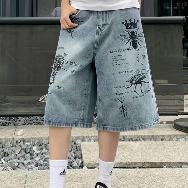 Men's Loose Graffiti Graphic Print Denim Shorts With Pockets, Casual Cotton Blend Jorts For Outdoor