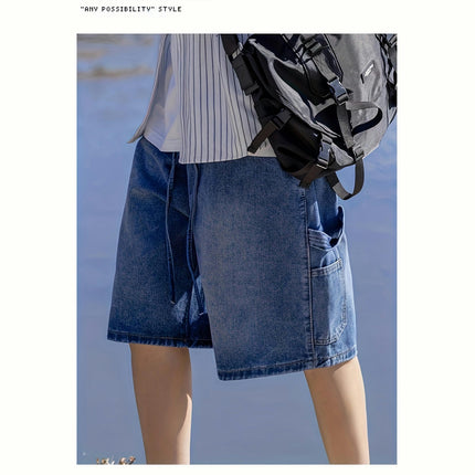 Men's Loose Solid Denim Shorts With Multi Pockets, Comfortable, For Summer