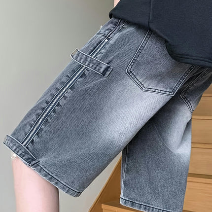 Summer Men Washed Straight Foot Quarter Pants, Simple Artistic Men Jeans, Side Zipper Design