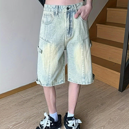 Summer Men Washed Straight Foot Quarter Pants, Simple Artistic Men Jeans, Side Zipper Design