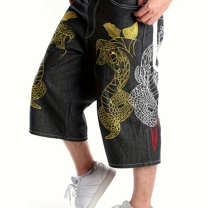 Men's Hip Hop Street Dance Party Embroidered Denim Shorts Straight Loose Shorts