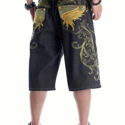 Men's Embroidered Jeans, Street Retro Trend Loose Denim Shorts Hip-hop Five Point Shorts