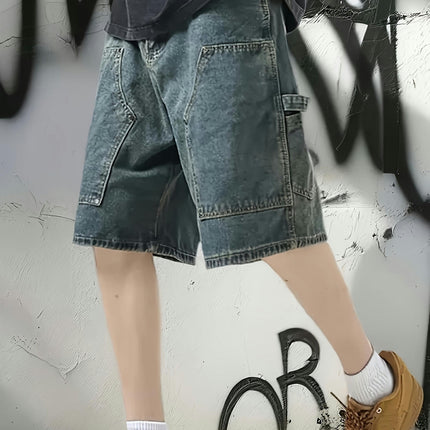 Men's Summer Casual Loose Fit Denim Shorts, Knee-Length Jorts With Pockets & Belt Detail