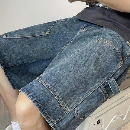 Men's Summer Casual Loose Fit Denim Shorts, Knee-Length Jorts With Pockets & Belt Detail