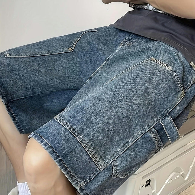 Men's Summer Casual Loose Fit Denim Shorts, Knee-Length Jorts With Pockets & Belt Detail