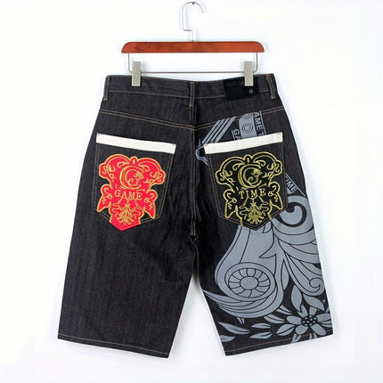 Men's Summer Leisure Denim Shorts Hip Hop Embroidered Denim Shorts Straight Leg Loose Middle Pants