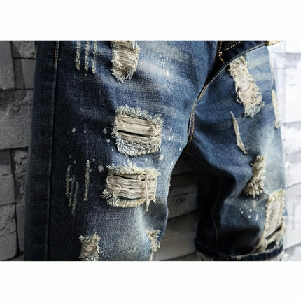 Men's Denim Shorts Multiple Pockets Men's Ripped Jean Short Distressed Straight Fit Shorts