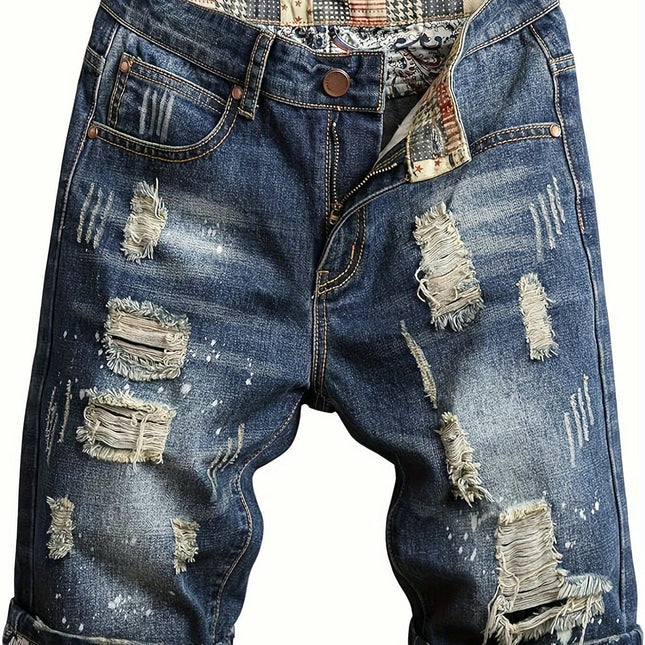 Men's Denim Shorts Multiple Pockets Men's Ripped Jean Short Distressed Straight Fit Shorts