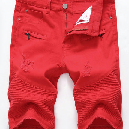 Men's Red Ripped Locomotive Zipper Stretch Denim Shorts Jeans with Multiple Pockets