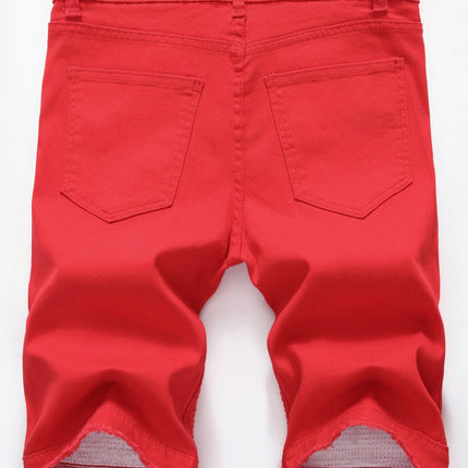 Men's Red Ripped Locomotive Zipper Stretch Denim Shorts Jeans with Multiple Pockets