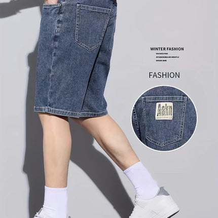 Men's Loose Print Denim Shorts With Pockets, Casual Cotton Jorts For Summer Outdoor Activities