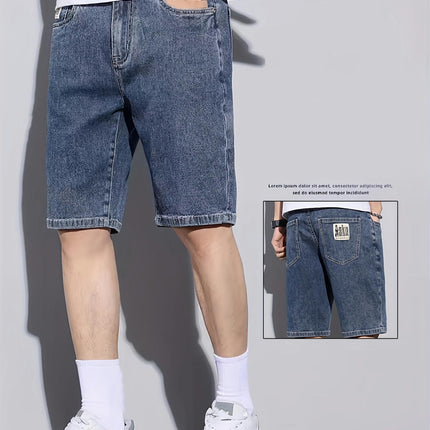 Men's Loose Print Denim Shorts With Pockets, Casual Cotton Jorts For Summer Outdoor Activities