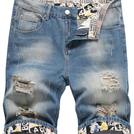 Ripped Denim Shorts, Men's Casual Straight Leg Street Style Distressed Denim Shorts For Summer