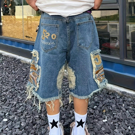 Men's Embroidery Design Cotton Blend Ripped Loose Fit Jorts, Street Style Summer Bottoms For Men