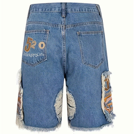 Men's Embroidery Design Cotton Blend Ripped Loose Fit Jorts, Street Style Summer Bottoms For Men