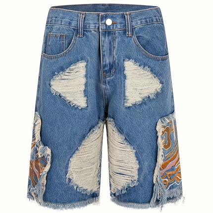 Men's Embroidery Design Cotton Blend Ripped Loose Fit Jorts, Street Style Summer Bottoms For Men