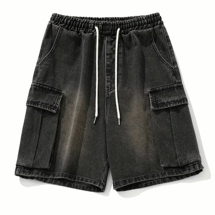 Men's Summer Casual Loose Fit Denim Shorts With Drawstring, Knee-Length Cargo Jorts With Pockets