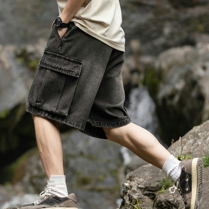 Men's Summer Casual Loose Fit Denim Shorts With Drawstring, Knee-Length Cargo Jorts With Pockets