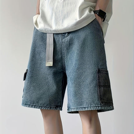 Solid Wide Leg Cargo Denim Shorts For Men, Leisure Jorts For Males Suitable For Outdoor