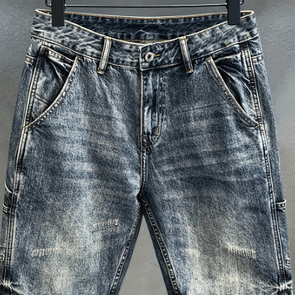 Men's Micro-elastic Summer Zipper Trend Hole In The Waist Five Straight Wash Jeans Shorts