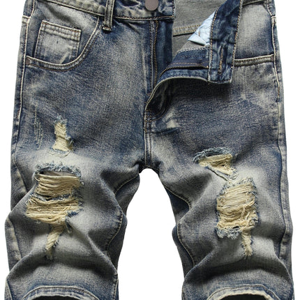 Men's Ripped Vintage Jean Shorts Micro-elastic Summer Zipper Shorts