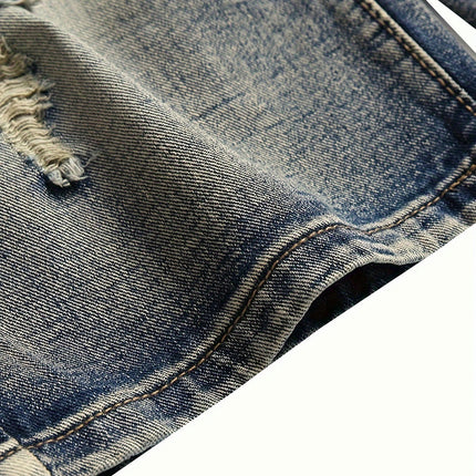 Men's Ripped Vintage Jean Shorts Micro-elastic Summer Zipper Shorts