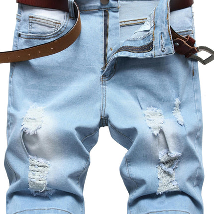 Men's Light Blue Stretch Jean Rripped Shorts Summer Shorts with Zipper