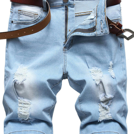 Men's Light Blue Stretch Jean Rripped Shorts Summer Shorts with Zipper