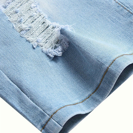 Men's Light Blue Stretch Jean Rripped Shorts Summer Shorts with Zipper