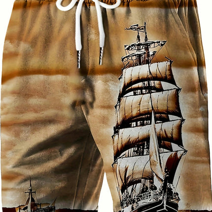 Men's 3D Retro Boat Pattern Print Beach Shorts Lightweight Shorts For Summer Holiday Beach Resorts