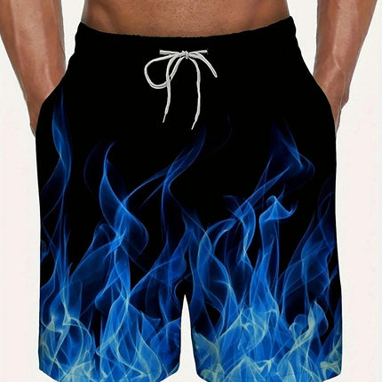 Men's Casual Swim Trunks with 3D Flame Print - 100% Polyester, Loose Fit, Non-Stretch Woven Fabric, Flat Front Beach Shorts