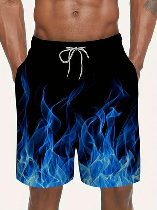 Men's Casual Swim Trunks with 3D Flame Print - 100% Polyester, Loose Fit, Non-Stretch Woven Fabric, Flat Front Beach Shorts