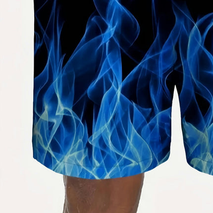 Men's Casual Swim Trunks with 3D Flame Print - 100% Polyester, Loose Fit, Non-Stretch Woven Fabric, Flat Front Beach Shorts